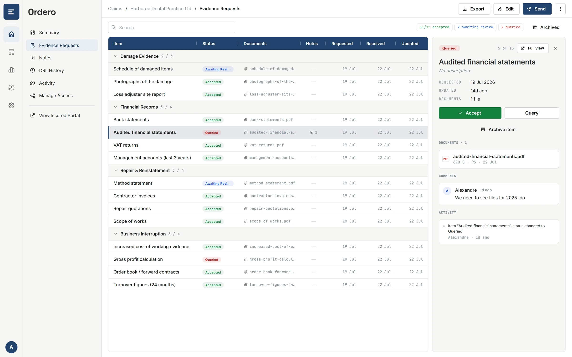 The Ordero claim workspace: an evidence request list grouped by category, with per-item status and a detail panel for the selected document.